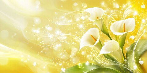 A vibrant illustration of white calla lilies against a soft yellow background with sparkles.