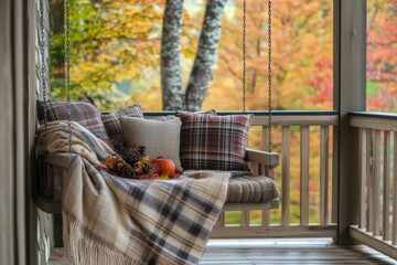 Cozy Porch Swing with Autumnal Decor and Fall Foliage View