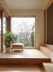 Fototapeta premium Minimalist Interior Design with Wooden Flooring and Large Window