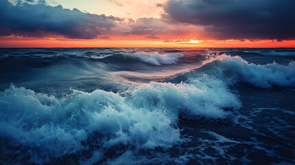 Fototapeta premium Stormy Ocean Waves at Sunset