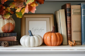 White and Orange Pumpkins on a Bookshelf with Fall Leaves