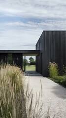 Fototapeta premium Modern Black Wooden House Entrance with Gravel Pathway