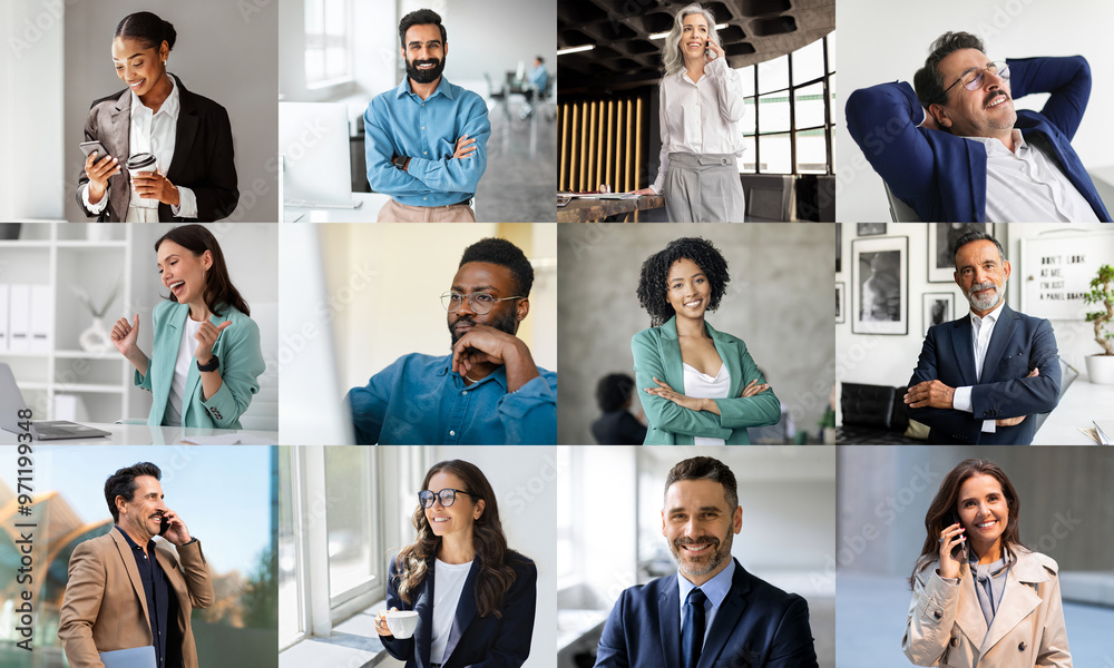 Poster a diverse group of professionals is seen actively engaging in conversations across various workspace