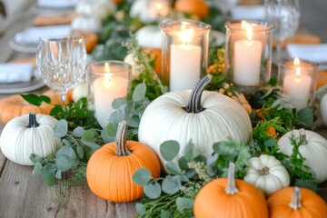 Autumn Table Centerpiece with Pumpkins and Candles