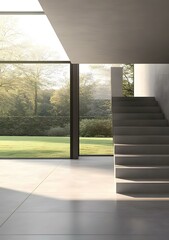 Obraz premium Modern Minimalist Interior Design with Concrete Staircase and Garden View