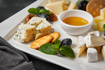 Elegant Cheese Platter with Crackers, Grapes, Honey and Mint on a White Plate