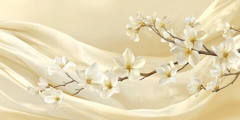 A serene composition of white flowers on a soft, flowing fabric background.