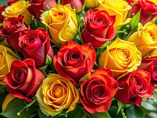 Vibrant red and yellow roses entwined in a beautiful bouquet, delicate petals unfolding from lush green stems, capturing the essence of love, passion, and joy.