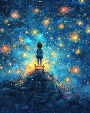 A child gazes at a starry night sky, inspired by the beauty of the cosmos, evoking wonder and imagination.