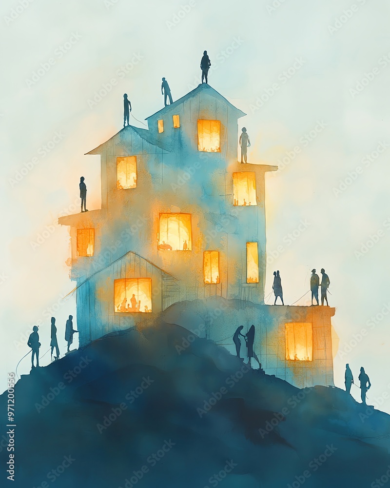 Wall mural a surreal watercolor painting of a house on a hill, with mysterious figures and glowing windows, evo