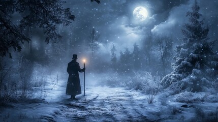 Scrooge with candlestick in foggy forest at night.