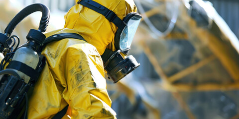 Close-up of a hazardous materials removal worker in protective gear performing critical safety work outdoors