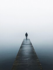 Obraz premium Persona solitaria caminando hacia el horizonte en un muelle de madera en medio de la niebla