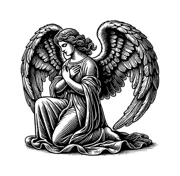 recommend clip art: woman angel kneeling engraving black and white outline