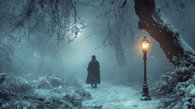Scrooge with candlestick in forest at night.