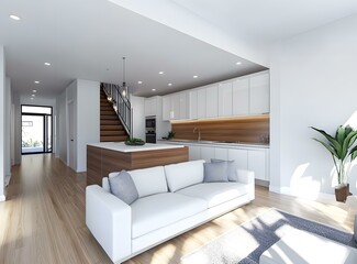 Fototapeta premium Modern Home Interior Design with White Sofa and Kitchen Island