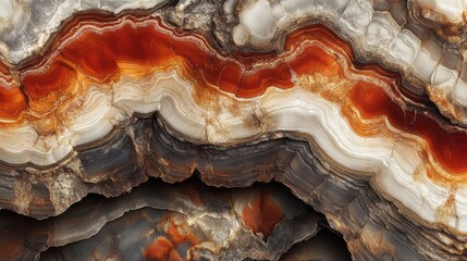 Close-up cross-section of petrified wood, showing mineralized layers with glowing edges, digital art, earthy browns and vibrant reds.