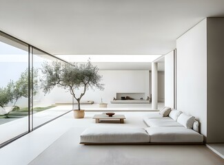 Minimalist Modern Living Room with White Sofa and Olive Tree