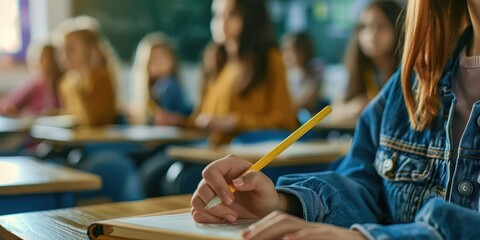 Close up of a high school teacher working with students in a classroom setting during a lesson on student engagement and learning