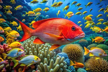 Vibrant red fish with iridescent scales and flowing fins swim amidst coral reef, surrounded by schools of smaller blue and yellow tropical fish.