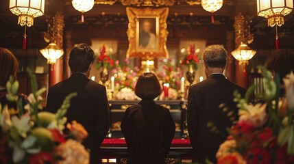Obraz premium Family members pay respects in a solemn setting during a memorial service deeply rooted in cultural traditions. Generative AI