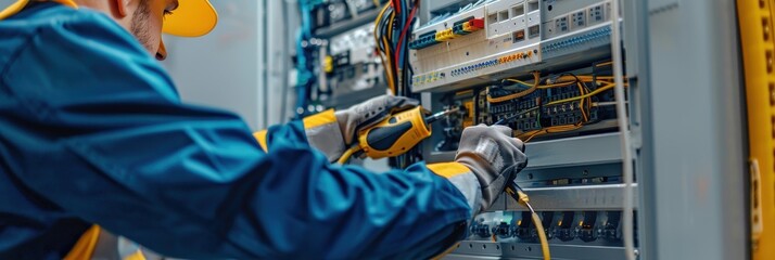 Close-up of a professional electrician working on circuit panels in a utility room while performing electrical repairs and maintenance