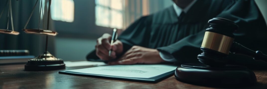 Close-up of a professional bailiff performing duties in a courtroom setting during daytime