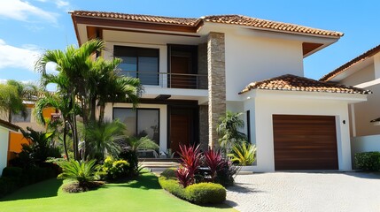 Fototapeta premium Modern Two Story House With Garage and Landscaping