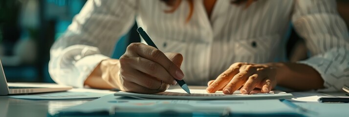 Close-up of a professional auditor reviewing financial documents and taking notes at an office desk during the day
