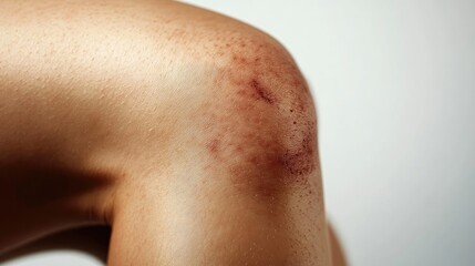 Fototapeta premium A close-up view of a scraped and bruised elbow, depicting the effects of an outdoor activity or accident.