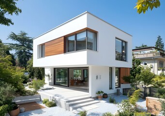 Modern White House with Wood Accents and Landscaping
