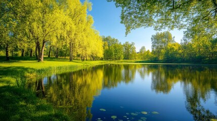 Fototapeta premium Nature's mirror: pond reflects spring park and trees.