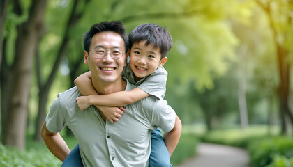 Happy asian father giving son piggyback ride outdoors