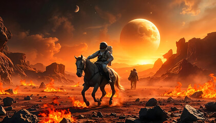 Fototapeta premium Astronaut Riding a Horse Through a Fiery Alien Landscape with Two Moons