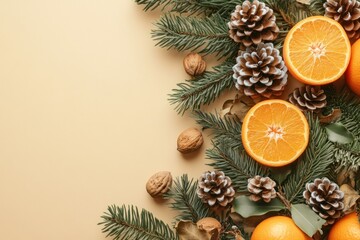 Winter Citrus and Pine Cone Arrangement on Beige Background