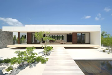 Modern White House with a Wooden Deck and a Small Pond