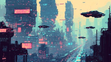 A vibrant, futuristic cityscape with flying vehicles and neon lights.