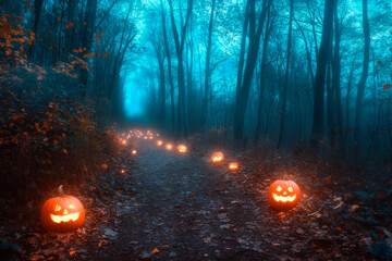 Obraz premium Halloween pumpkins glow in the dark forest, a spooky Halloween background with glowing jack-o'-lanterns on the ground, a fantasy illustration, a night scene,