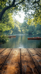 Wooden dock in the background of a tranquil lake surrounded by lush greenery
