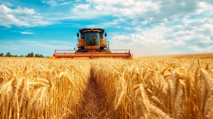 Fototapeta premium Wheat harvest with combine under blue sky.