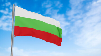 Burkina-Faso flag in the blue sky.Burkina-Faso 3d flag floating in the wind with a blue sky in the background