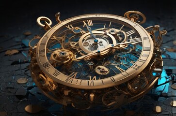 Obraz premium Fragments of Time: A Surreal Exploration of a Shattered Clock