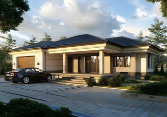 Modern House with Black Car in Driveway
