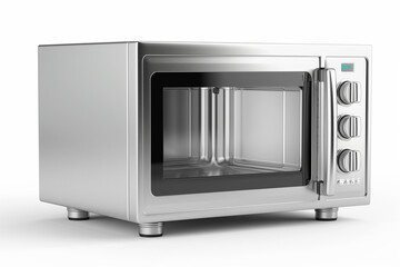 Fototapeta premium A modern stainless steel microwave oven with sleek design, featuring transparent door and control knobs. Ideal for quick meal preparation and kitchen convenience.