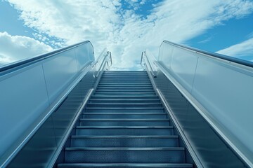Fototapeta premium Escalator going up into a cloudy blue sky representing achieving goals and success