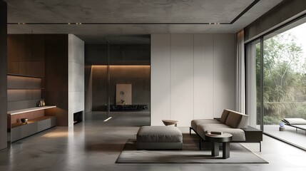 Fototapeta premium Modern Interior Design Living Room with Grey Sofa and Minimalist Decor