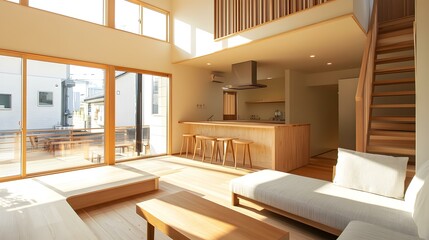 Modern Japanese Style Living Room with Wooden Interior and Large Windows