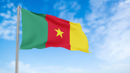 Cameroon flag in the blue sky.Cameroon 3d flag floating in the wind with a blue sky in the background