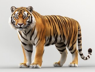 Naklejka premium A majestic tiger stands confidently, showcasing its vibrant orange fur and striking black stripes, a symbol of strength and beauty.