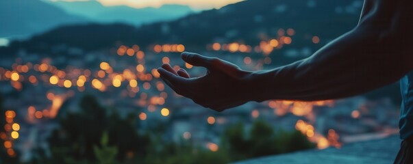 Close-up of hands pumping during a run, with a city bathed in the warm light of dusk in the background, workout, cityscape